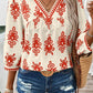 Ethnic Abstract Print Puff Sleeve V Neck Blouse