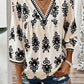 Ethnic Abstract Print Puff Sleeve V Neck Blouse