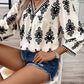 Ethnic Abstract Print Puff Sleeve V Neck Blouse