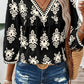 Ethnic Abstract Print Puff Sleeve V Neck Blouse