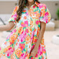 Women Floral Puff Sleeve Buttoned Babydoll Dress