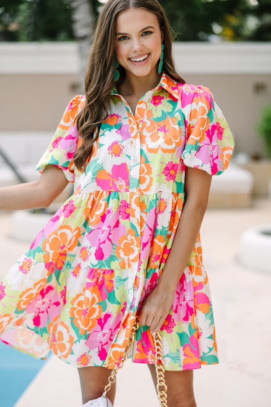 Women Floral Puff Sleeve Buttoned Babydoll Dress