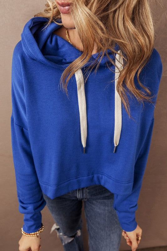 Drop Shoulder Drawstring Cropped Hoodie