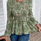 Ethnic Print Balloon Sleeve Smocked Peplum Blouse