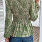 Ethnic Print Balloon Sleeve Smocked Peplum Blouse