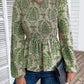 Ethnic Print Balloon Sleeve Smocked Peplum Blouse