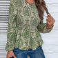 Ethnic Print Balloon Sleeve Smocked Peplum Blouse