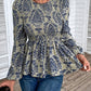 Ethnic Print Balloon Sleeve Smocked Peplum Blouse