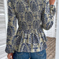 Ethnic Print Balloon Sleeve Smocked Peplum Blouse