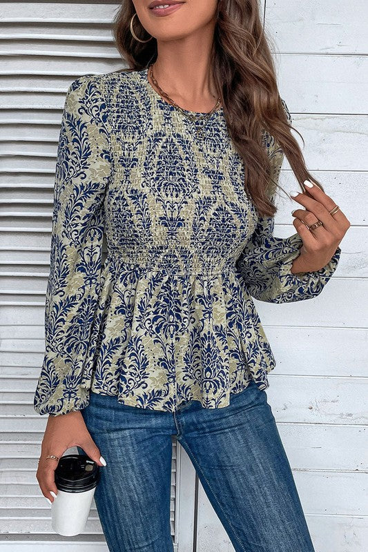 Ethnic Print Balloon Sleeve Smocked Peplum Blouse