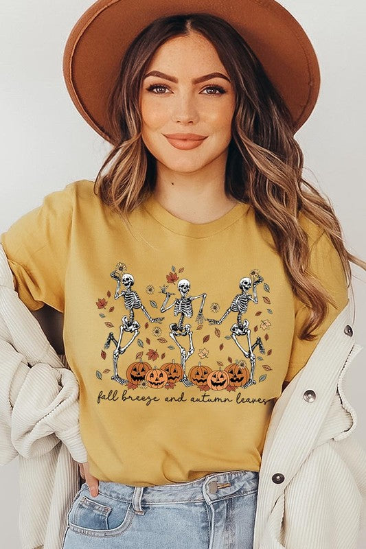 Fall Breeze and Autumn Leaves Skeleton Graphic Tee