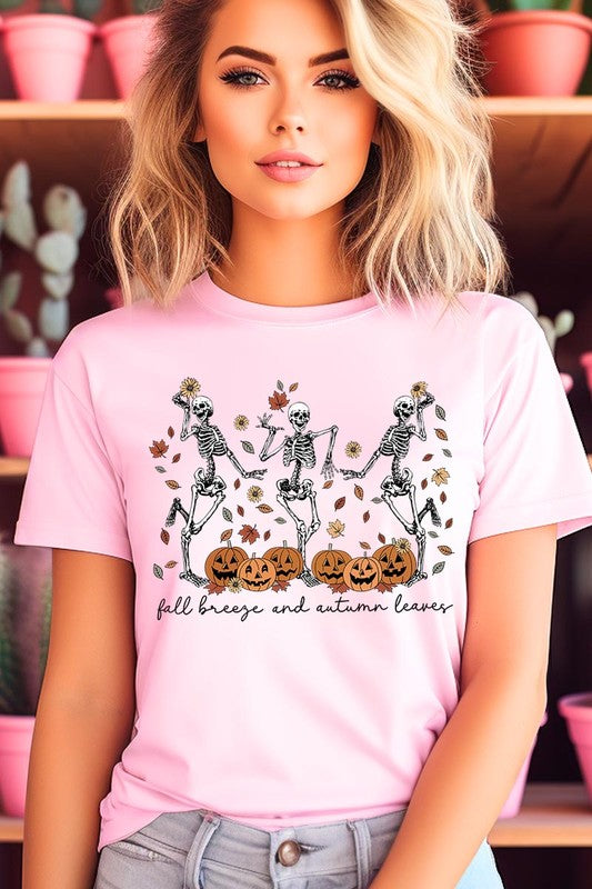 Fall Breeze and Autumn Leaves Skeleton Graphic Tee