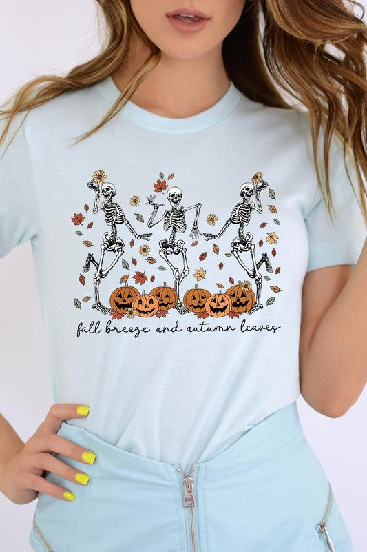 Fall Breeze and Autumn Leaves Skeleton Graphic Tee