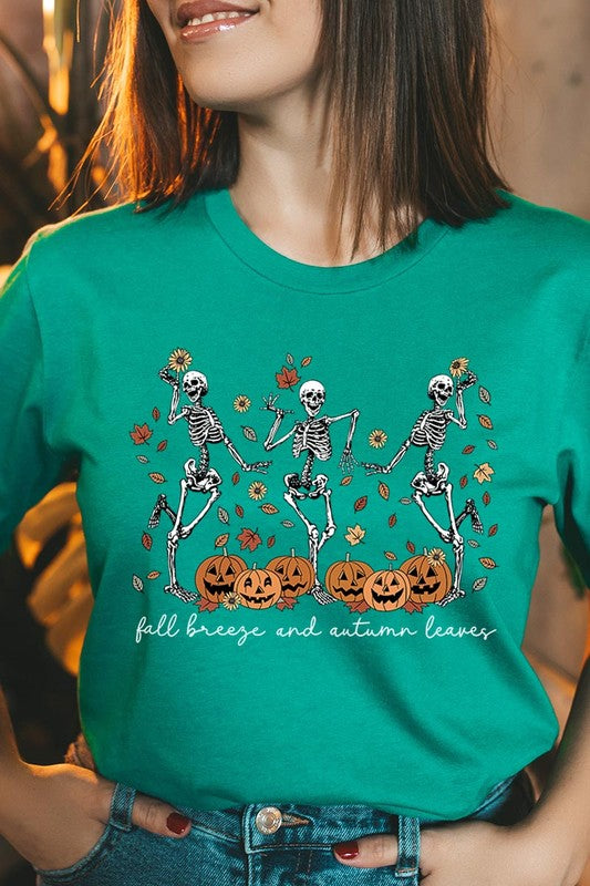 Fall Breeze and Autumn Leaves Skeleton Graphic Tee