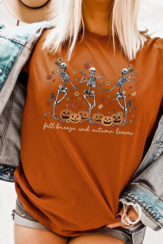 Fall Breeze and Autumn Leaves Skeleton Graphic Tee