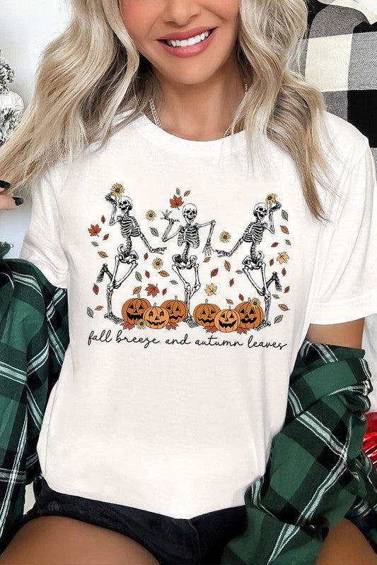 Fall Breeze and Autumn Leaves Skeleton Graphic Tee