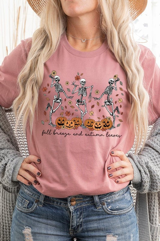 Fall Breeze and Autumn Leaves Skeleton Graphic Tee