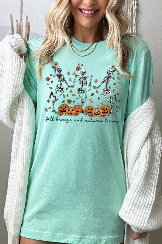 Fall Breeze and Autumn Leaves Skeleton Graphic Tee