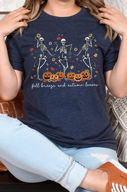 Fall Breeze and Autumn Leaves Skeleton Graphic Tee