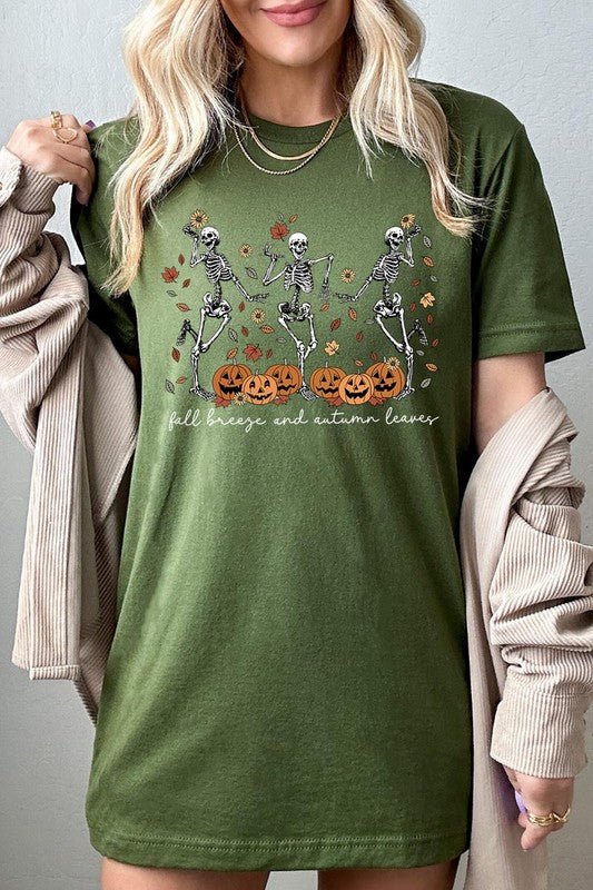 Fall Breeze and Autumn Leaves Skeleton Graphic Tee