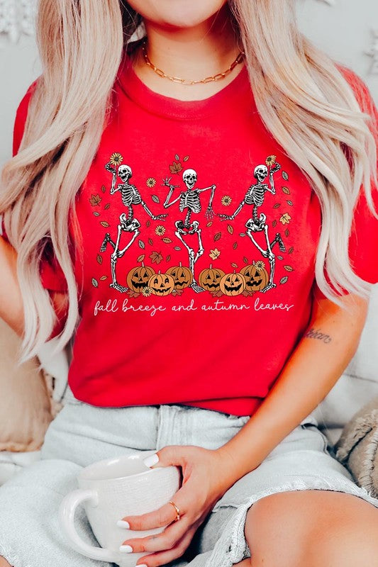 Fall Breeze and Autumn Leaves Skeleton Graphic Tee