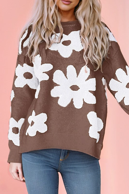 Vintage Flower Drop Shoulder Loose Sweater