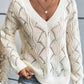 Women Hollow Out Knit V Neck Drop Shoulder Sweater