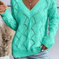 Women Hollow Out Knit V Neck Drop Shoulder Sweater