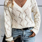 Women Hollow Out Knit V Neck Drop Shoulder Sweater