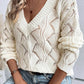 Women Hollow Out Knit V Neck Drop Shoulder Sweater