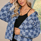 Checkered Patchwork Button Up Denim Jacket