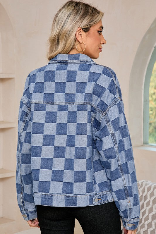 Checkered Patchwork Button Up Denim Jacket