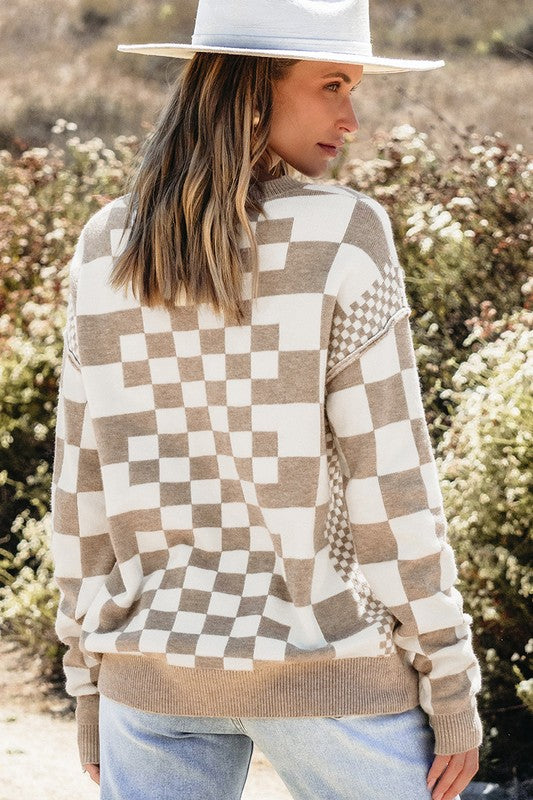 Checkered Print Drop Shoulder Round Neck Sweater