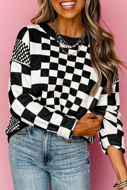 Checkered Print Drop Shoulder Round Neck Sweater