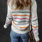 White Colorful Striped Ribbed Trim Sweater