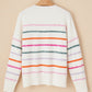 White Colorful Striped Ribbed Trim Sweater