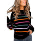 White Colorful Striped Ribbed Trim Sweater