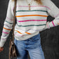 White Colorful Striped Ribbed Trim Sweater