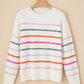 White Colorful Striped Ribbed Trim Sweater