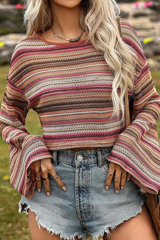 Red Ethnic Striped Wide Cropped Long Sleeve Top