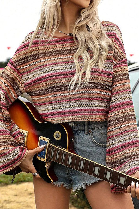 Red Ethnic Striped Wide Cropped Long Sleeve Top