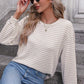 Women Stripe Round Neck Shoulder Long Sleeve Top