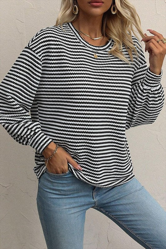 Women Stripe Round Neck Shoulder Long Sleeve Top