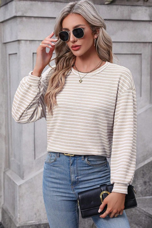 Women Stripe Round Neck Shoulder Long Sleeve Top