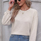 Women Stripe Round Neck Shoulder Long Sleeve Top