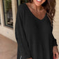 Women Waffle Knit Side Slits Loose Fit V Neck Top