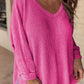 Women Waffle Knit Side Slits Loose Fit V Neck Top