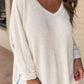 Women Waffle Knit Side Slits Loose Fit V Neck Top