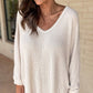 Women Waffle Knit Side Slits Loose Fit V Neck Top