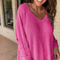 Women Waffle Knit Side Slits Loose Fit V Neck Top